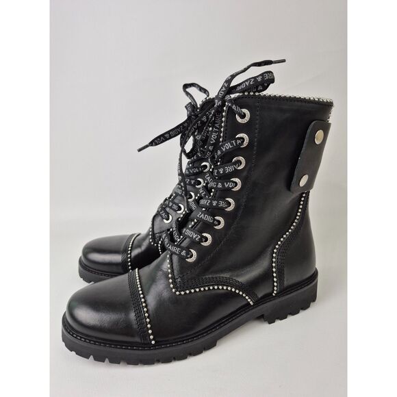 Zadig & Voltaire Women's Black Leather Joe Studded Combat Boots Size 40 - Picture 2 of 7